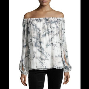 HH Haute Hippie Silk Blouse Off Shoulder Slit Long Sleeve Sheer Top Flowers sz.M